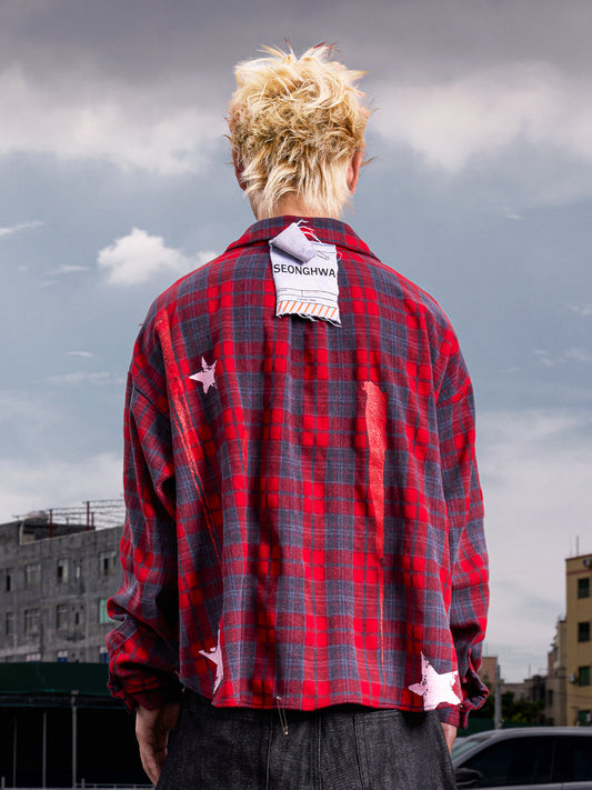 Plaid Star Print Oversize Long Sleeve Shirt WN27099