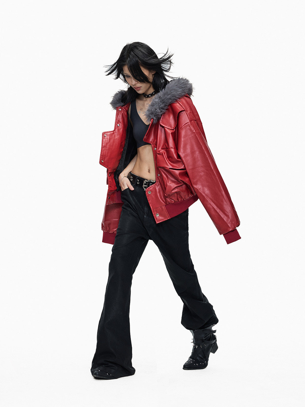 Fake Fur Hooded Short PU Leather Jacket WN27252