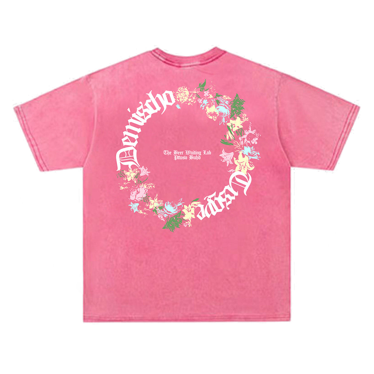 Washed Gothic Letter Floral Wreath Print Short Sleeve T-Shirt WN26844