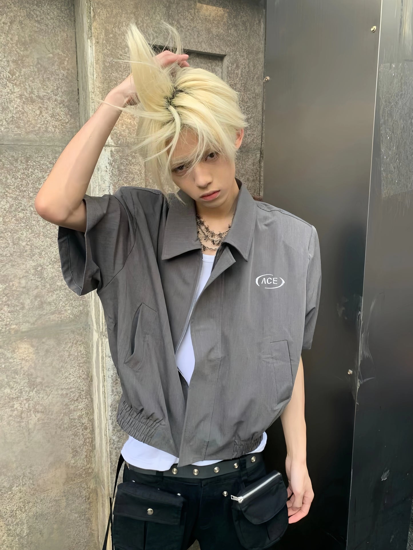 Deconstructed Oversized Lapel Shoulder-Pad Zipper Jacket WN20041