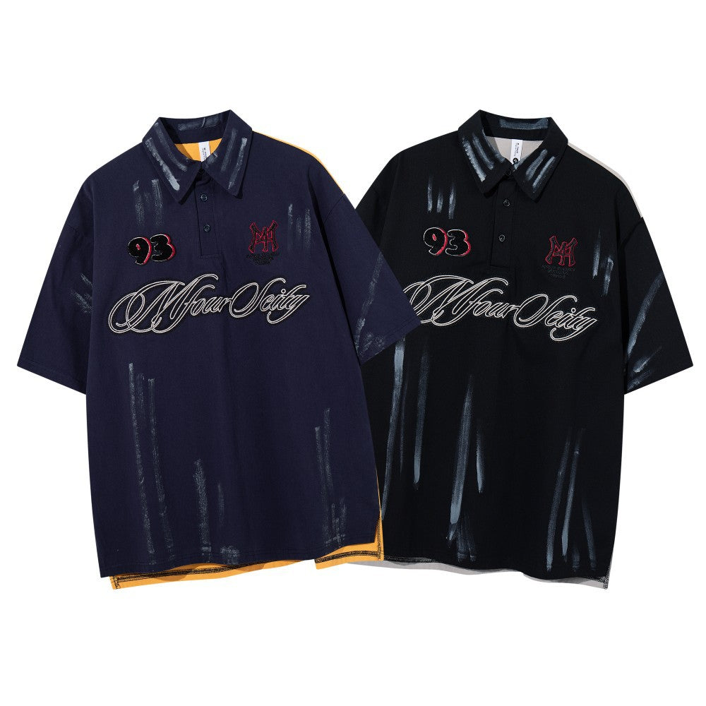Paint Embroidery Oversize Short Sleeve Polo Shirt WN28089