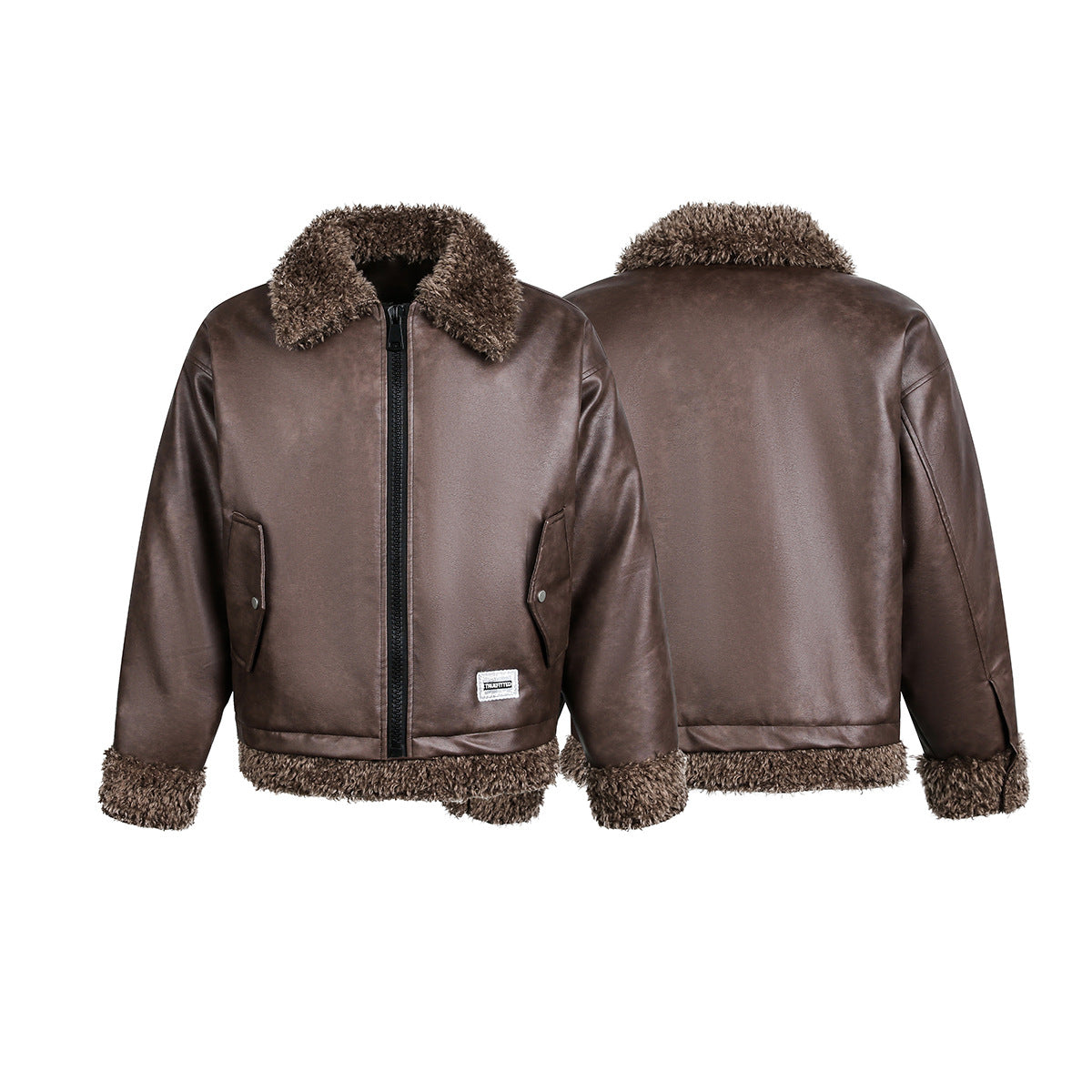 Fake Fur Collar Fleece Lining PU Leather Jacket WN21875