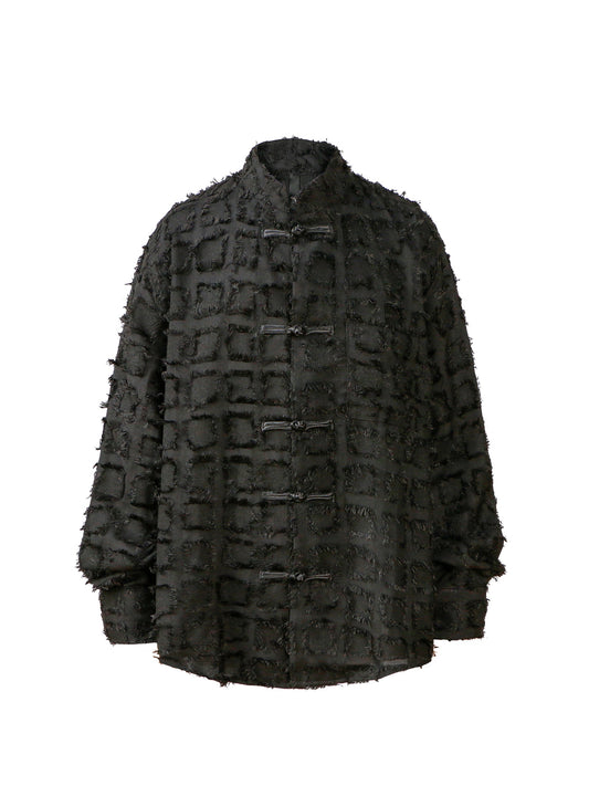 Jacquard High-Neck Frog-Button Oversize Long Sleeve Shirt WN26311