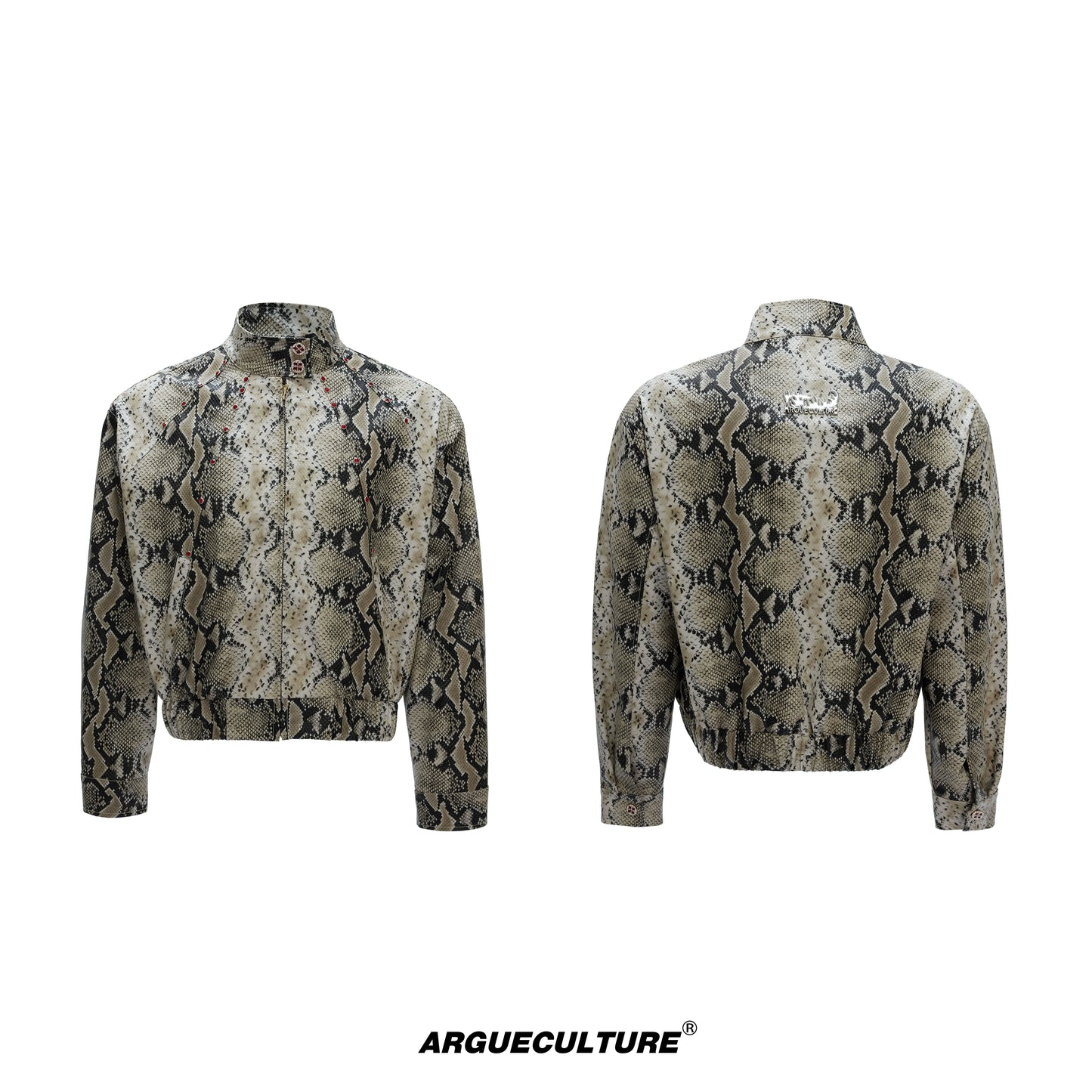 Snake Texture Gem Embellished Standing-Collar PU Leather Short Jacket WN21685