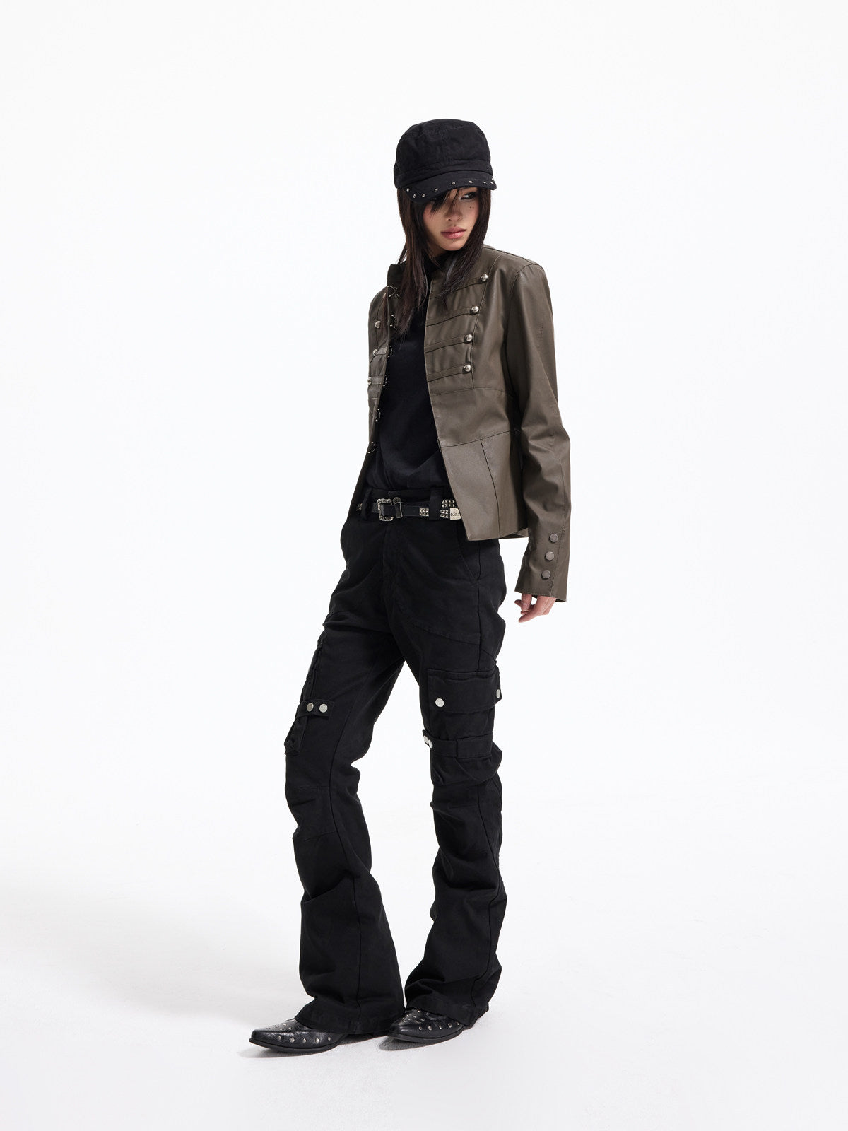 Snap Button Strap Mid-High-Rise Flare Pants WN27307
