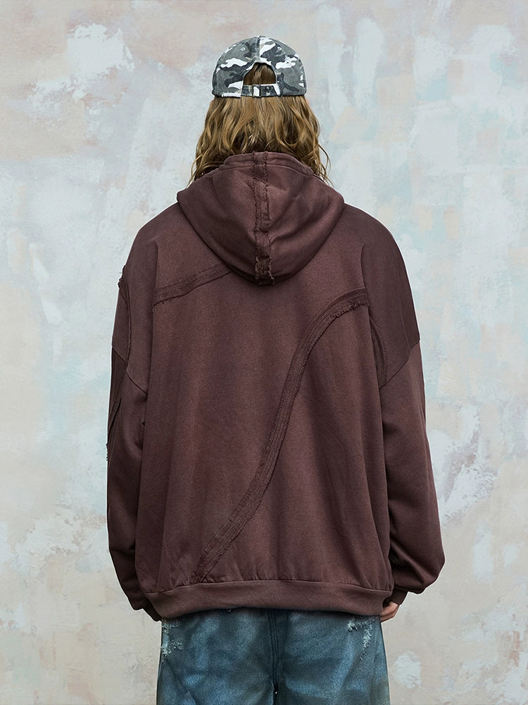 Heavy Wash Print Reversible Raw Hem Pullover Hoodie WN18005