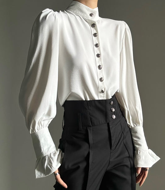 Standing-Collar Drape Design Long Sleeve Shirt WN23121