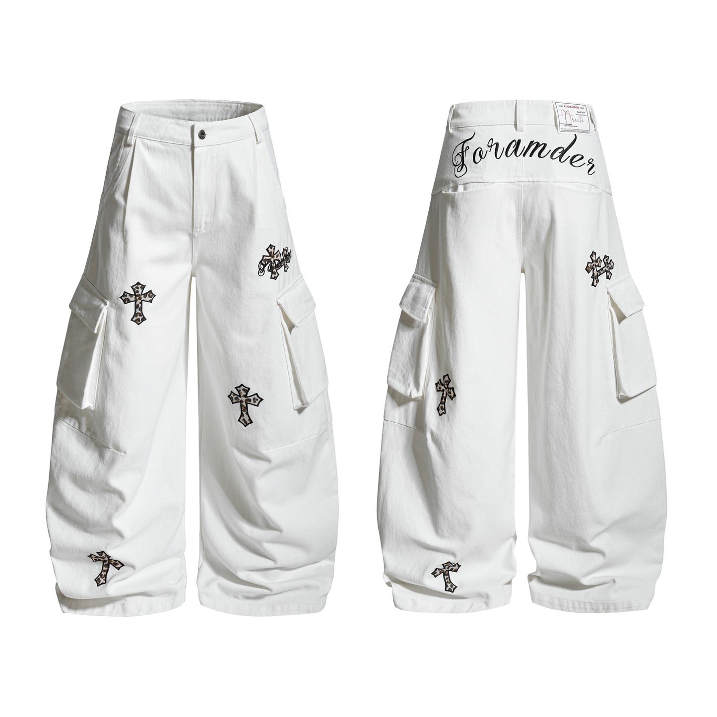 Patchwork Cross Leopard Print Embroidery Multi Pocket Cargo Pants WN22904