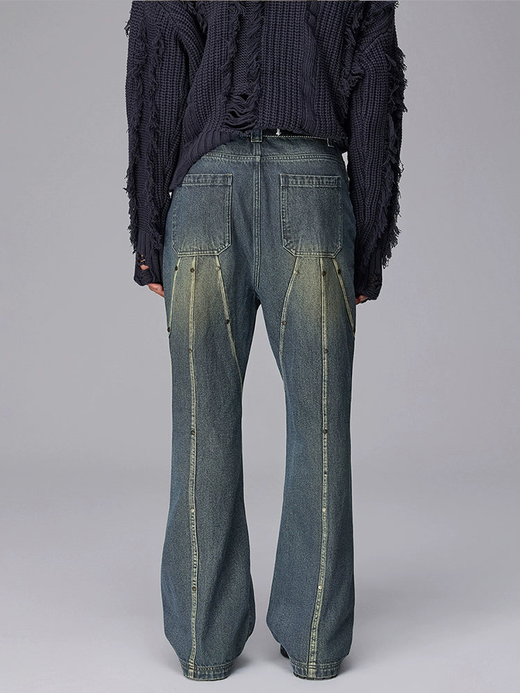 Wash Rivet Patchwork Flare Denim Jeans WN17931