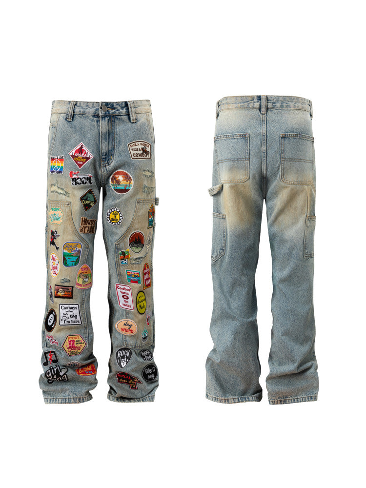 Multi Patch Applique Wide Leg Denim Jeans WN24052