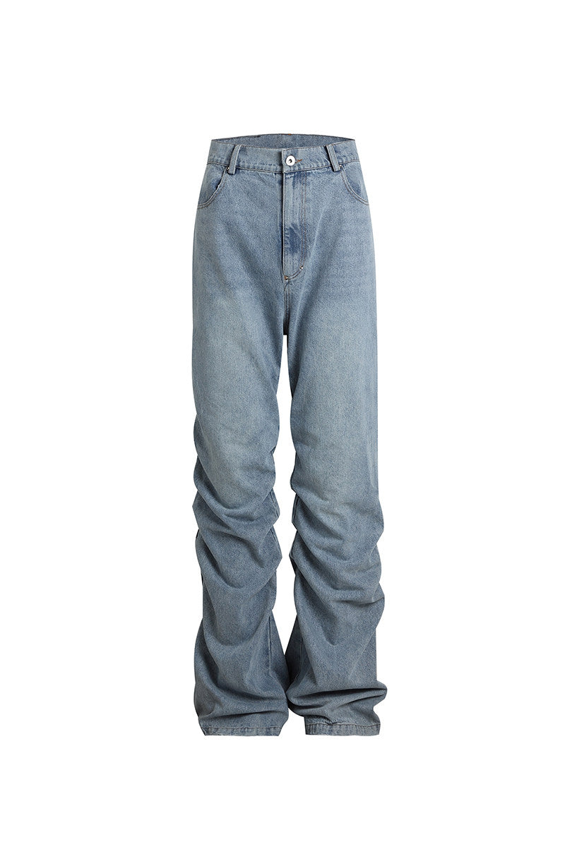 Heavyweight Washed Distressed Multi-Layer Pleated Stacked Denim Jeans WN26734