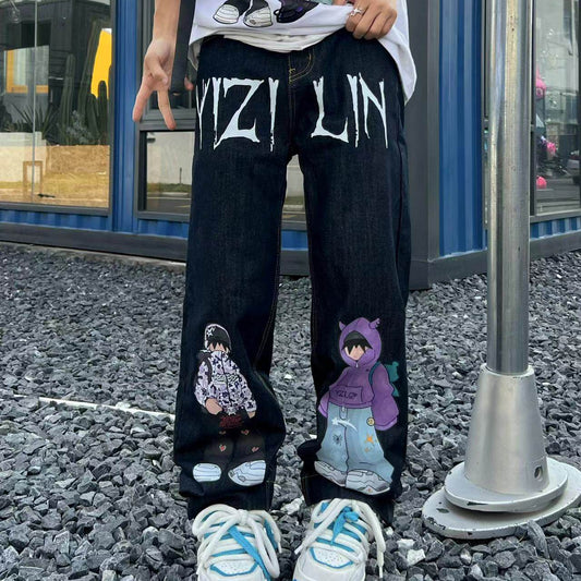 Illustration Print Wide Leg Denim Half Jeans & Denim Jeans WN24056