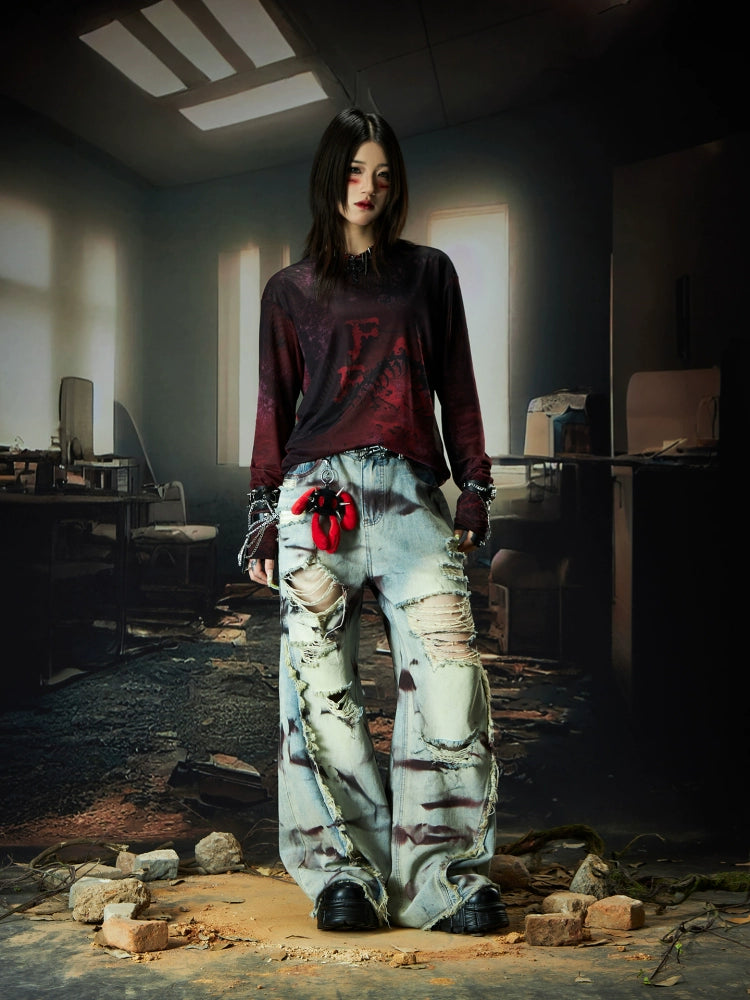 Fringe Tie-Dye Paint Damage Wide Leg Straight Denim Jeans WN18476