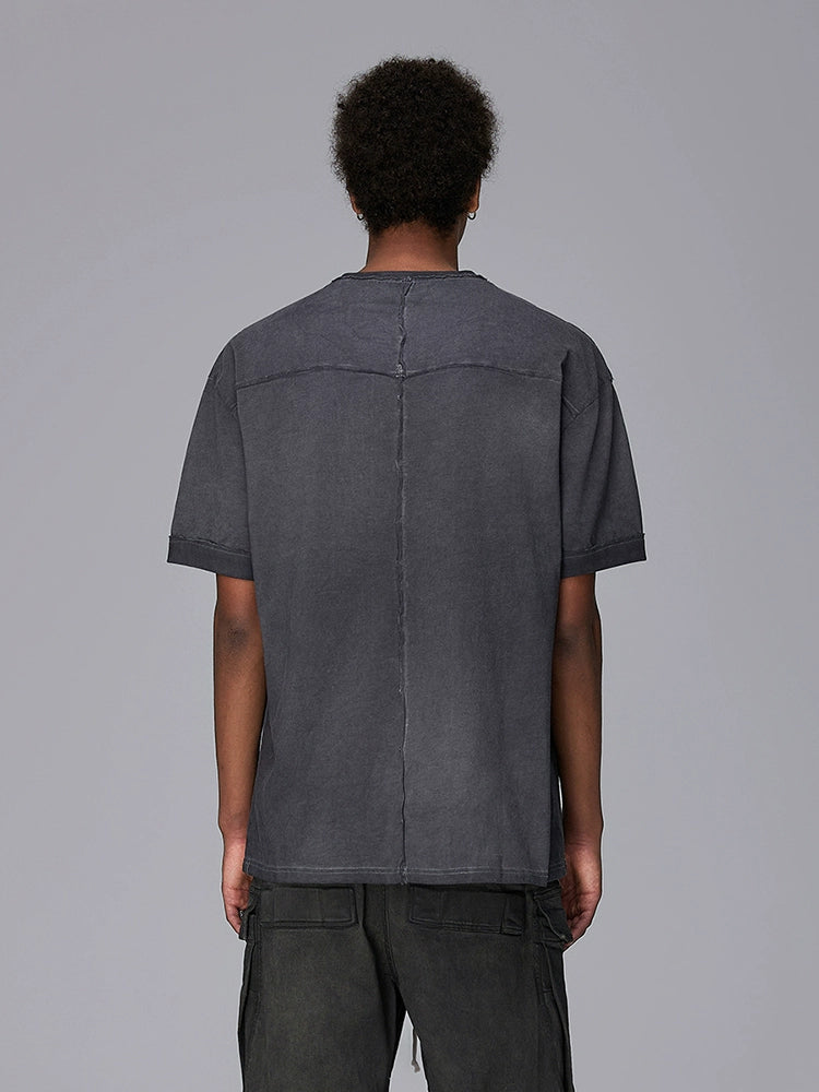 Raw Edge Panel Design Washed Oversize Short Sleeve T-Shirt WN17797