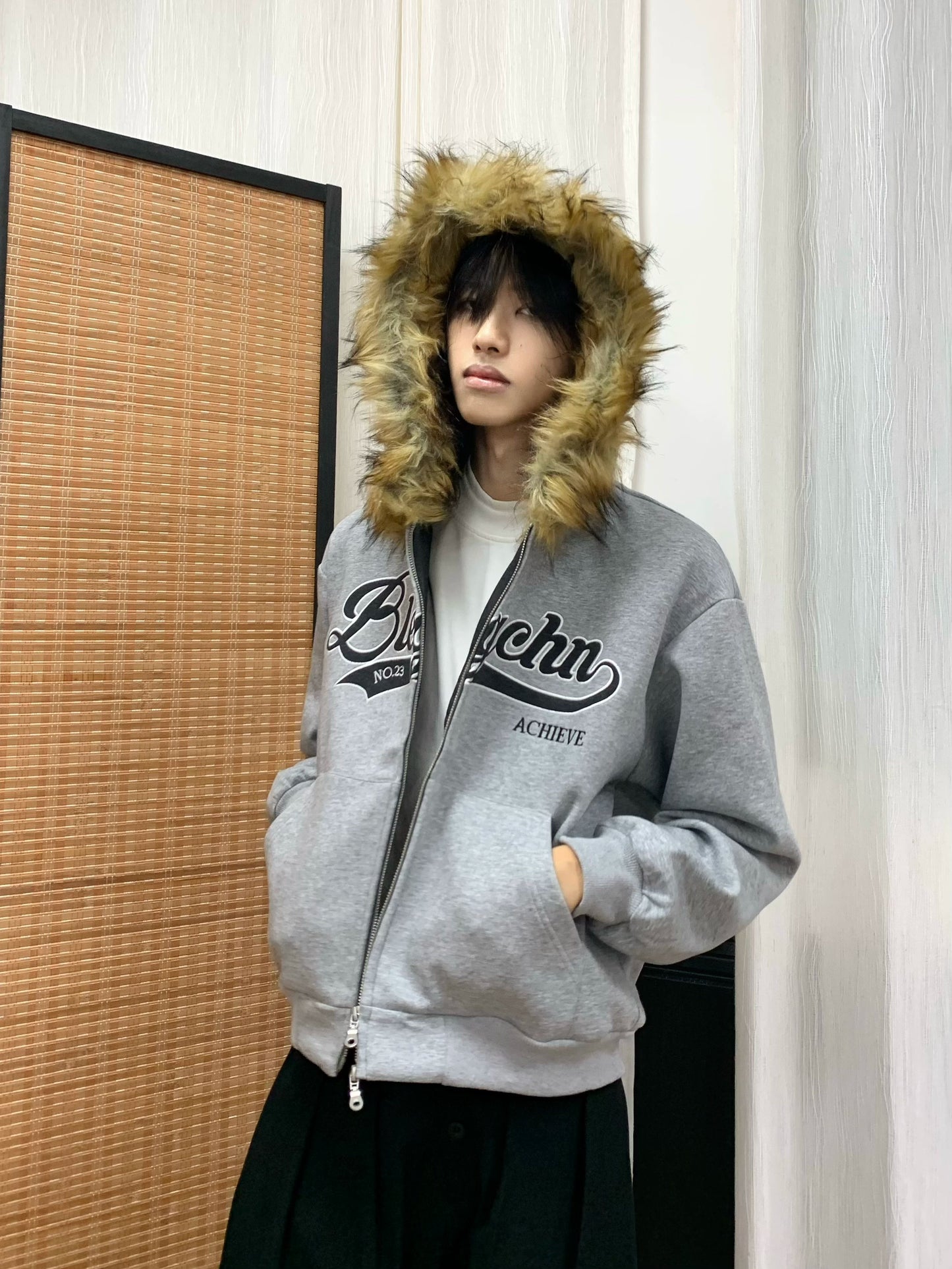 Fake Fur-Collar Letter Embroidery Hoodie WN22241