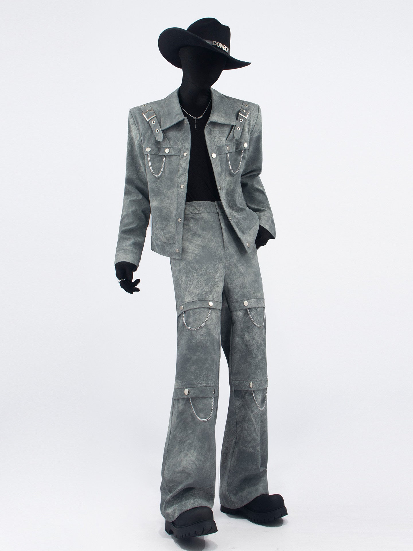 Chain Decor PU Leather Short Jacket & Wide Leg PU Leather Pants Setup WN23678