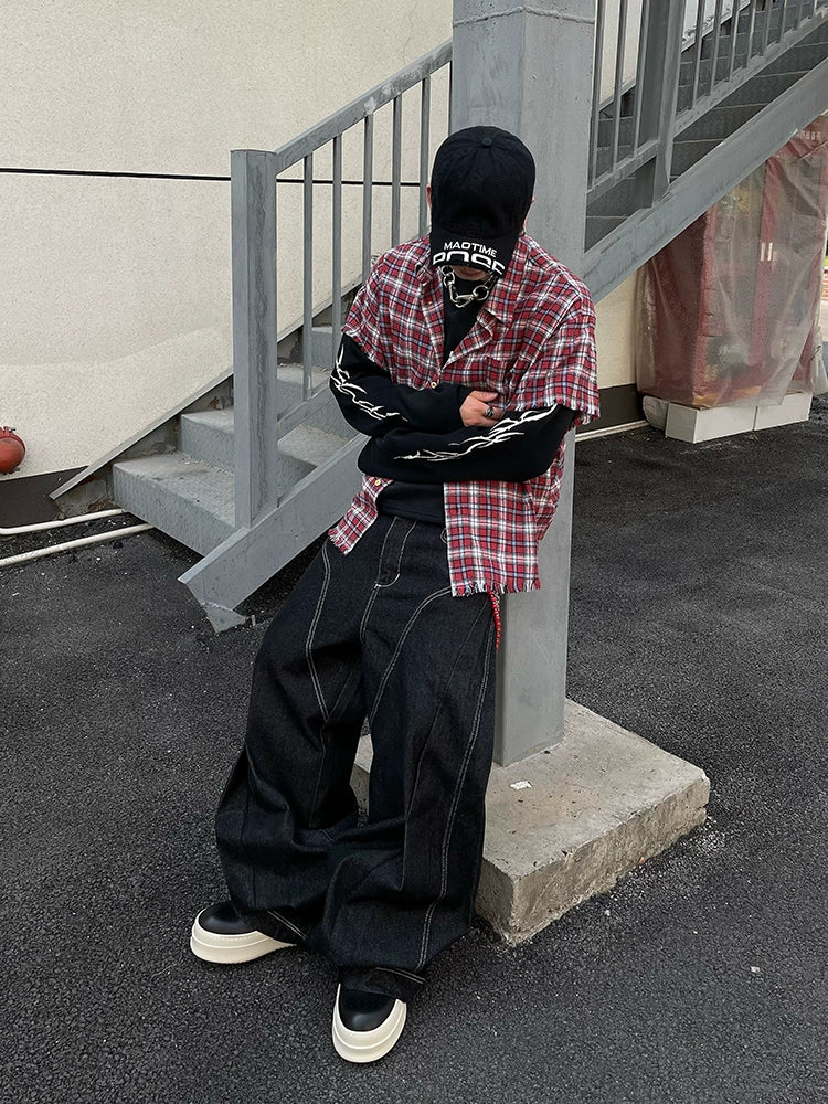 Curved Silhouette Pleats Contrast Stitch Flare Denim Jeans WN16290