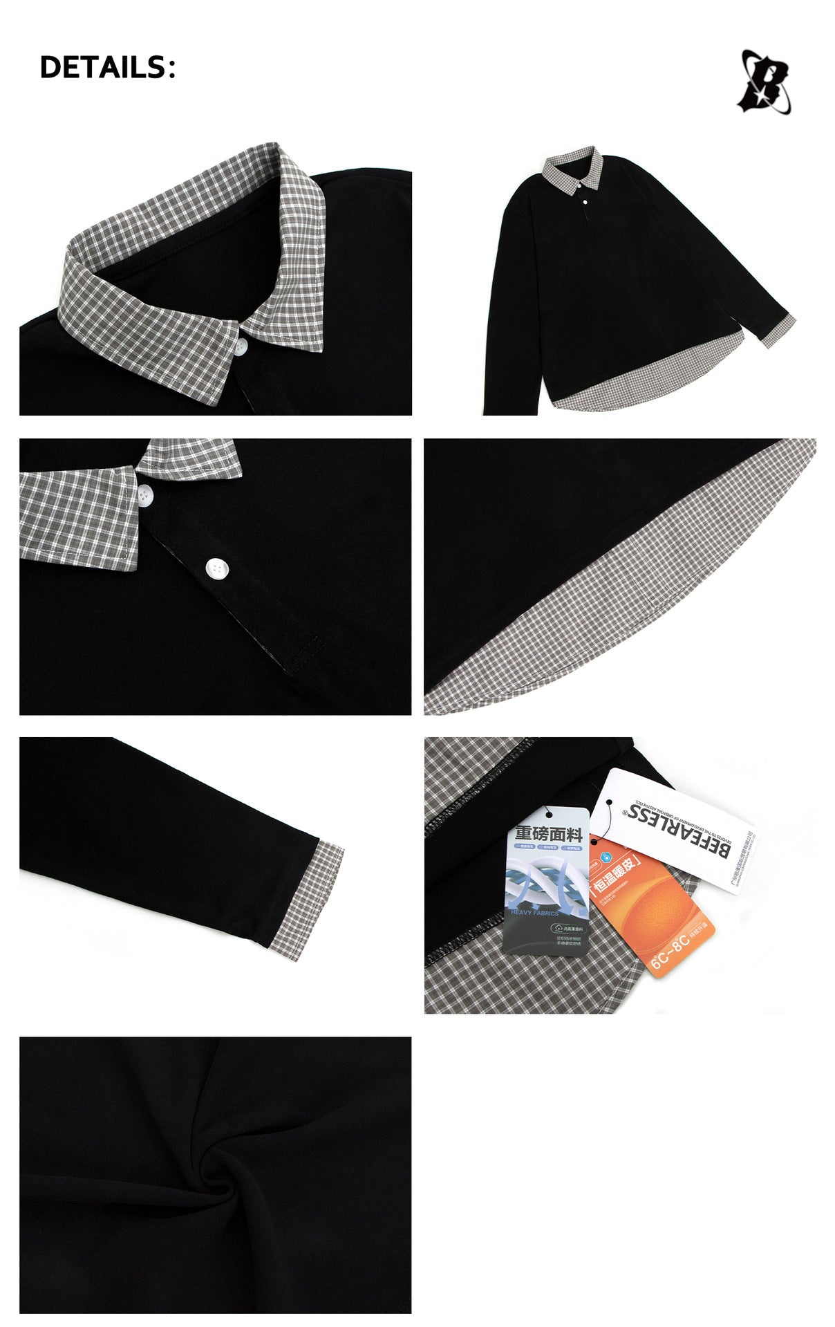 Plaid Collar Fake Layered Boxy Oversize Long Sleeve T-Shirt WN26297