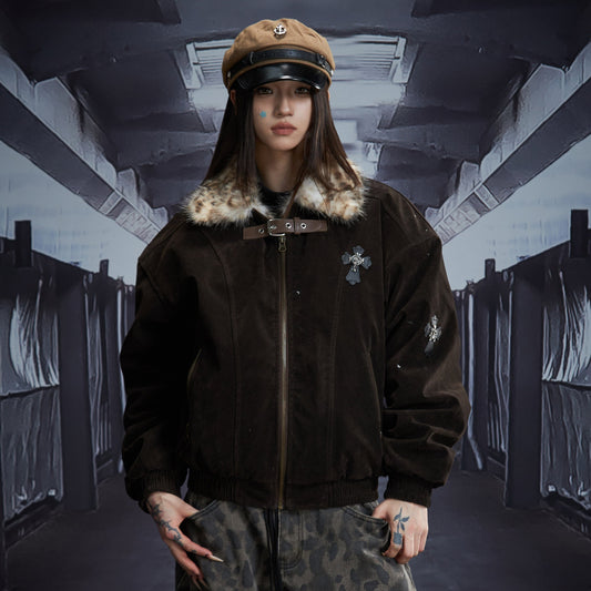 Leopard Print Fake Fur Patchwork Metal Buckle Padded Jacket WN22861