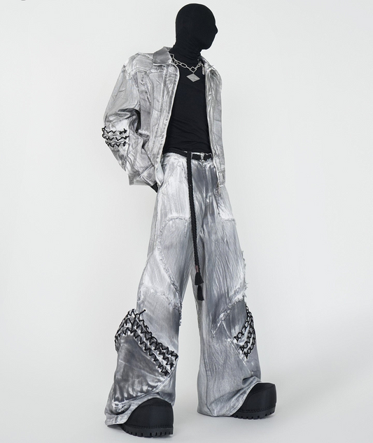 Dirty Washed Damage Shoulder-Pad Jacket & Wide Leg Denim Jeans Setup WN24149