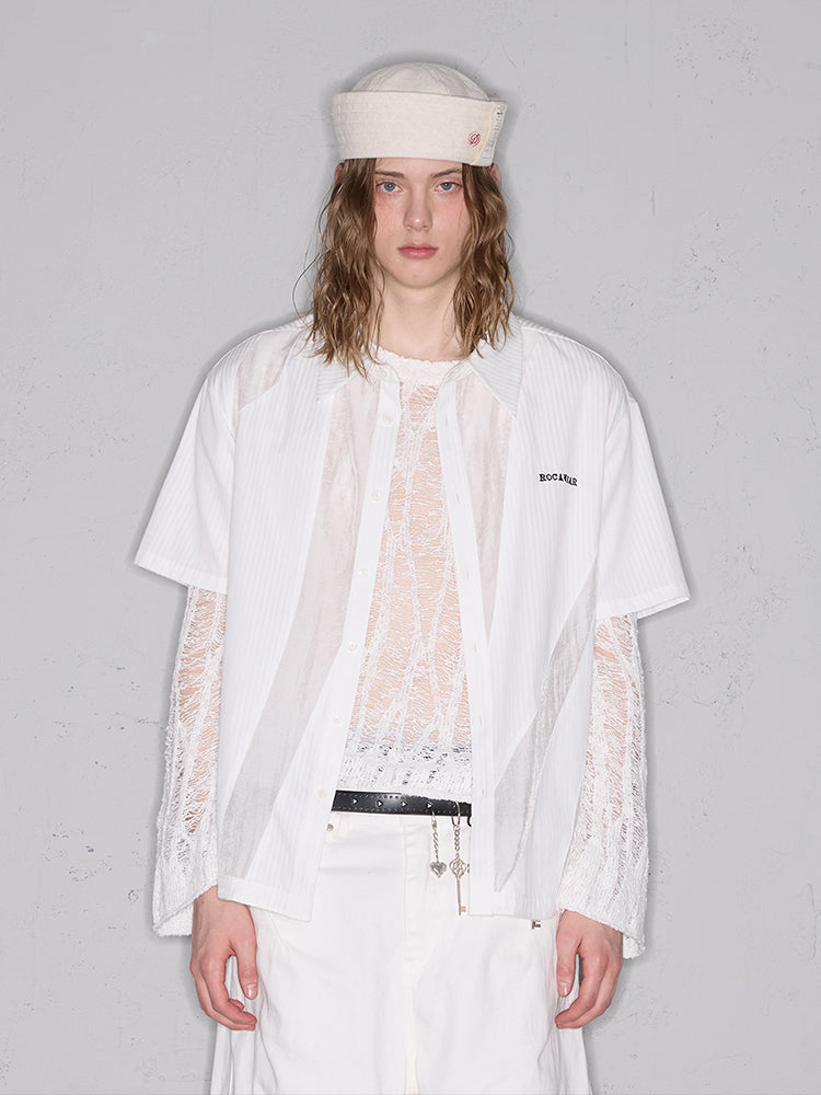 Deconstructed Mixed Fabric Stripe Patchwork Oversize Short Sleeve Shirt WN18028