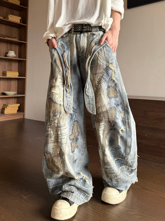 Random Stitch Embroidery Stain Damage Curved Wide Leg Denim Jeans WN23164