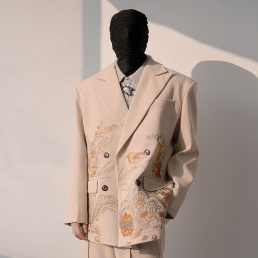 Embroidery Double-Breasted Tailored Jacket & Wide Leg Trousers Setup WN23647