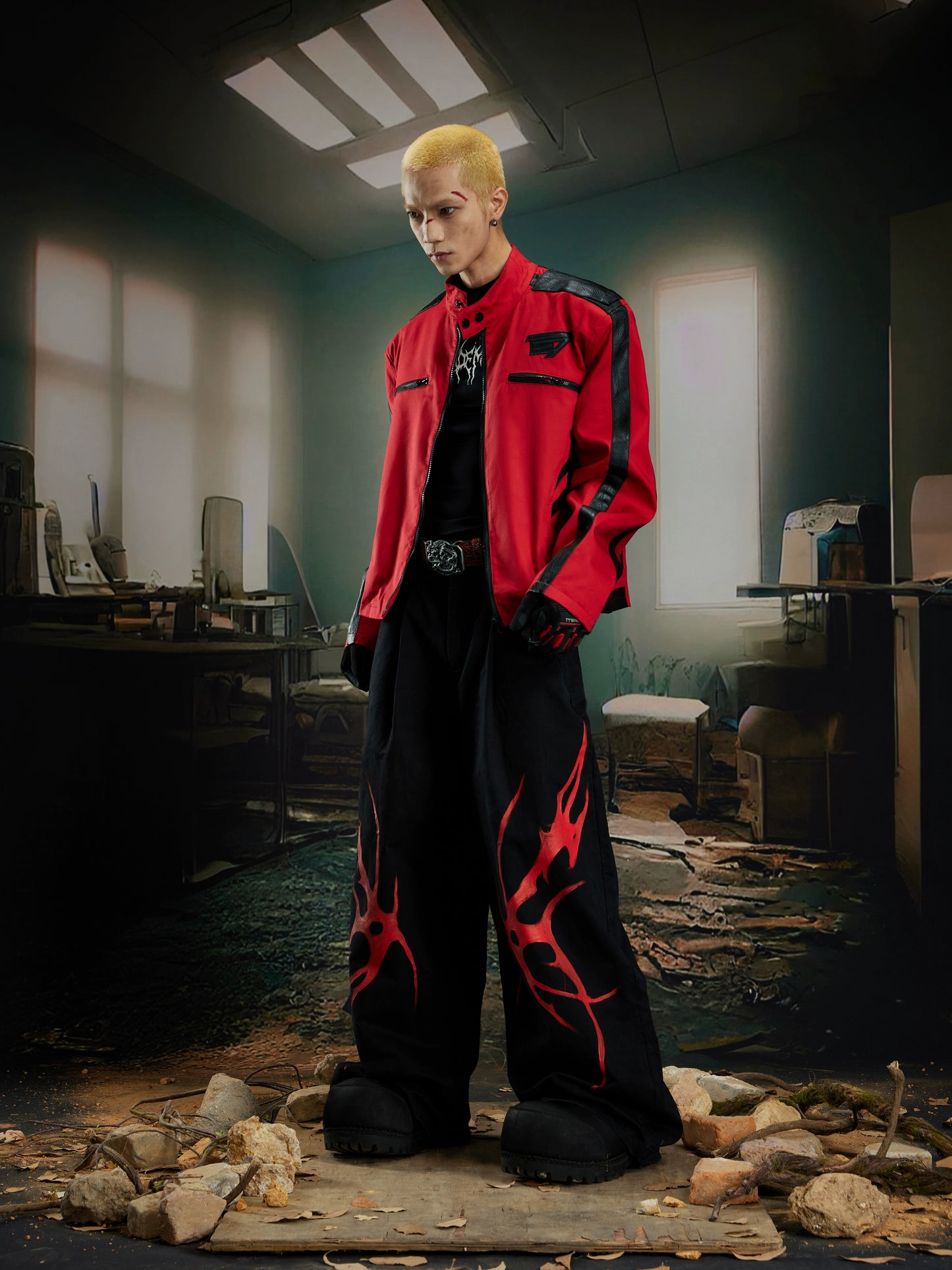 Paint Graffiti Pleats Washed Wide Leg Denim Jeans WN21379