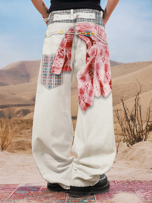 Mix Patchwork Print Wide Leg Denim Jeans WN23201