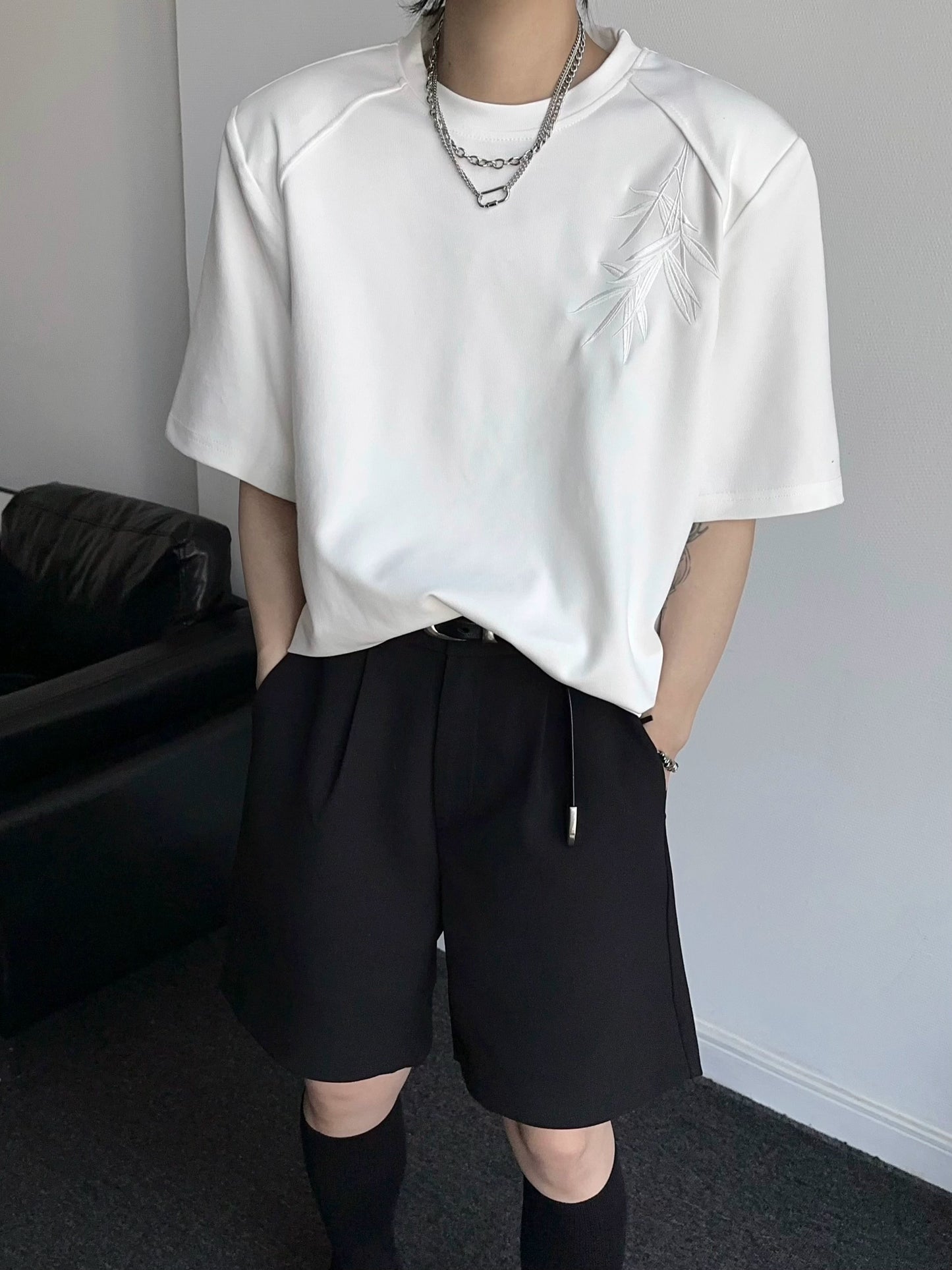 Shoulder-Pad Chinese Style Oversize Short Sleeve T-Shirt WN19348