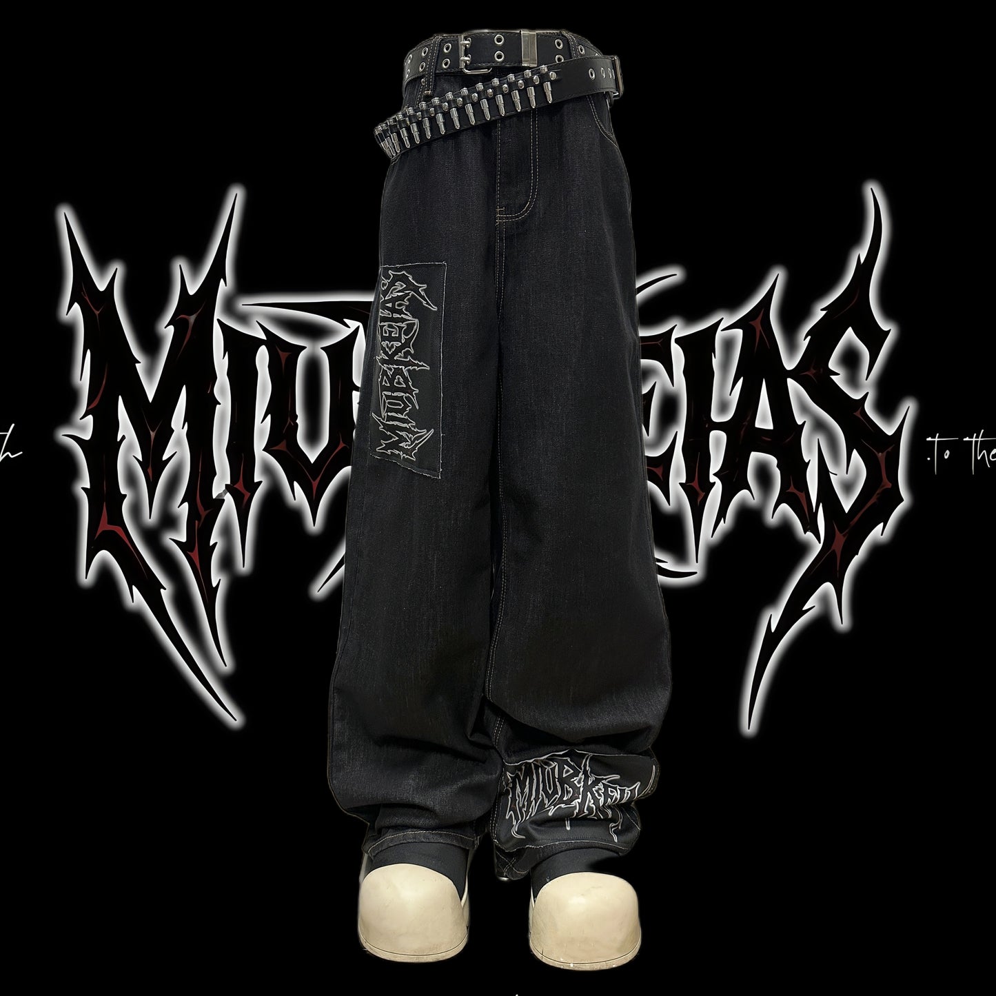 Graphic Letter Patchwork Wide Leg Denim Jeans & Belt & Chain WN20137