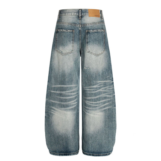 Washed Whisker Damage Curved Denim Jeans WN25863