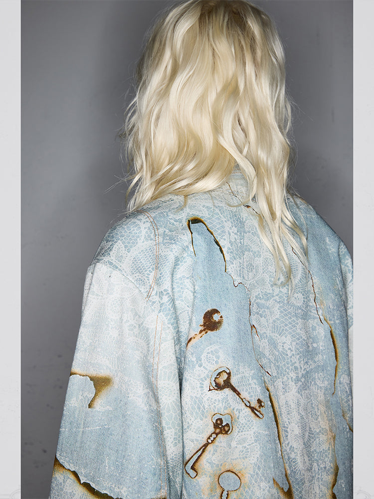 Burnout Lace Patchwork Key Print Washed Denim Jacket & Denim Jeans Setup WN17885