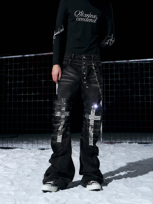 Double Waistband Metal Button Flare Denim Jeans WN22704