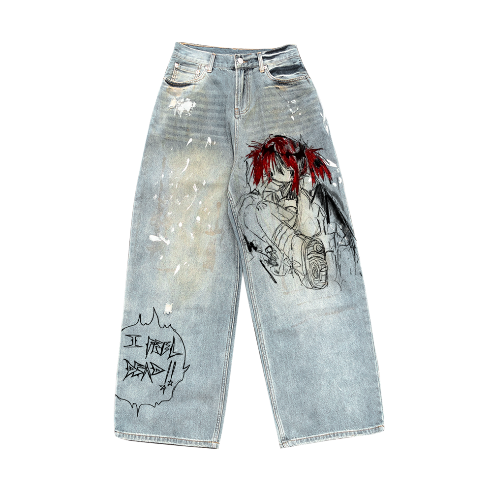 Colorful Y2K Anime Graffiti Artistic Design Wide Leg Denim Jeans WN18757