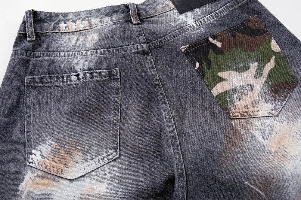Paint Damage Wide Leg Denim Jeans WN27980