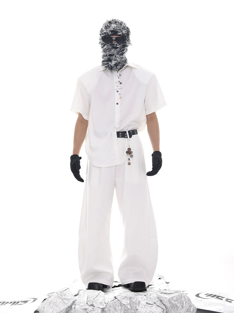 Pin Decor Curved Hem Wide Leg Straight Trousers WN18635