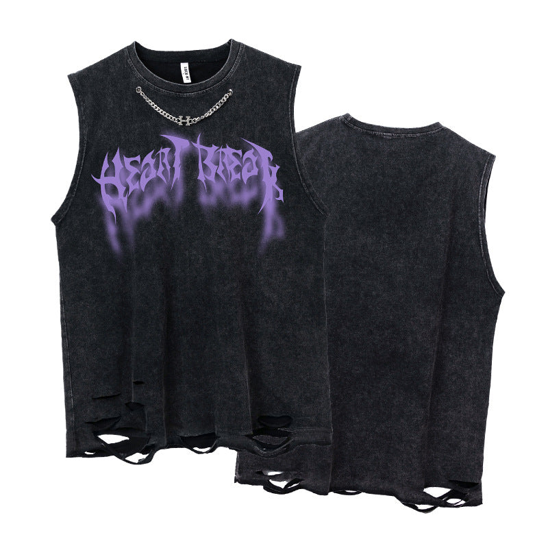 Metal Chain Oversize Washed Damage Tank Top WN16524