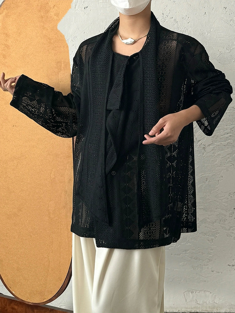 Jacquard Lace Patchwork Ribbon Long Sleeve Shirt WN19980