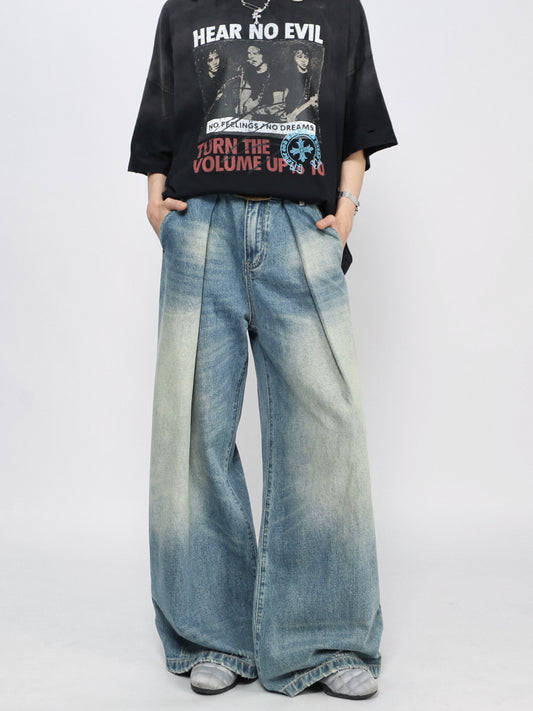 Washed Pleats Damage Wide Leg Denim Jeans WN24468