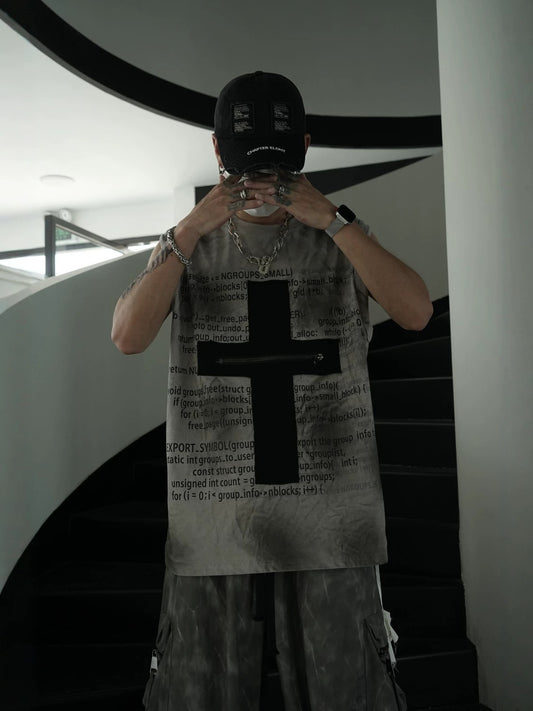 Gradient Mist Dye Cross Zipper Design Sleeveless T-Shirt WN27830