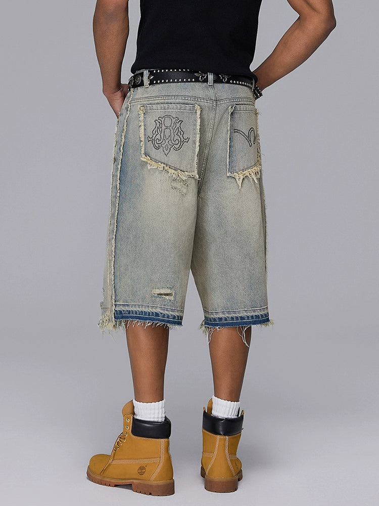 Washed Patchwork Raw Hem Denim Half Jeans WN17890