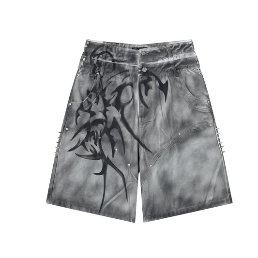 Washed Graffiti Dirty-Dye Denim Half Pants WN25741