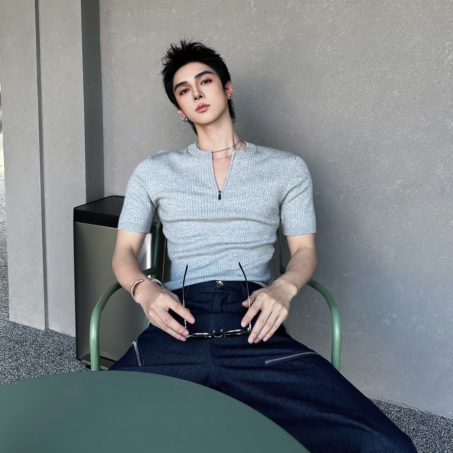 Ribbed Half-Zip Short Sleeve T-Shirt WN25123