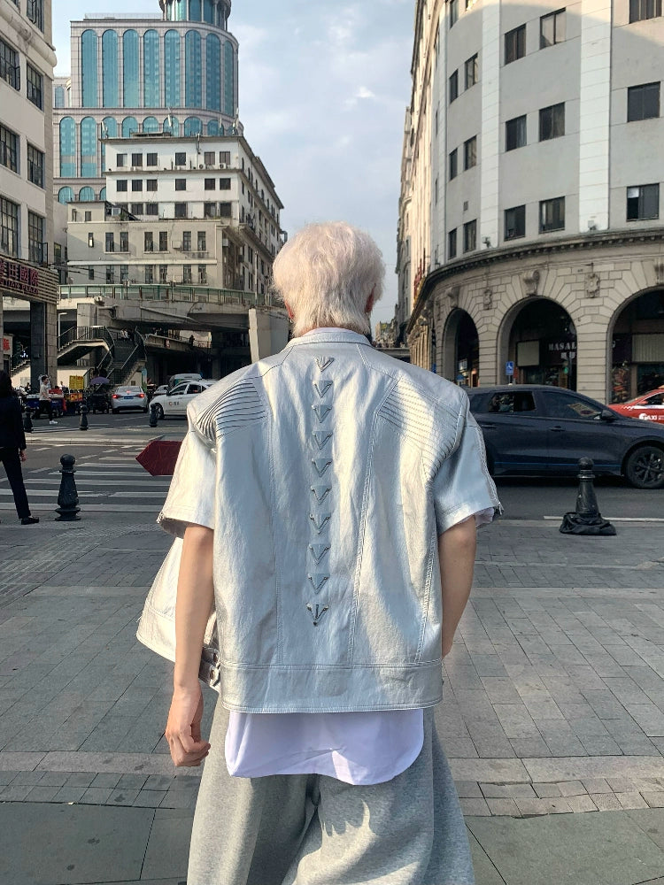 Metal Spine Design Shoulder-Pad PU Leather Jacket WN19853