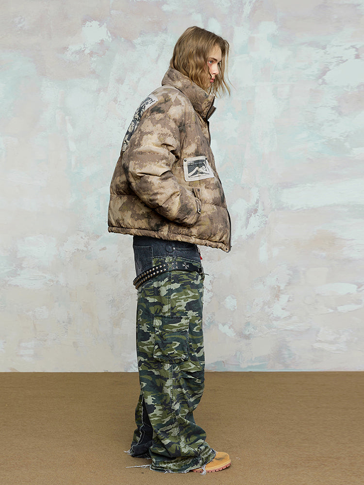 Camouflage Portrait Print Patch Embroidery Texture White Duck Down Jacket WN17935