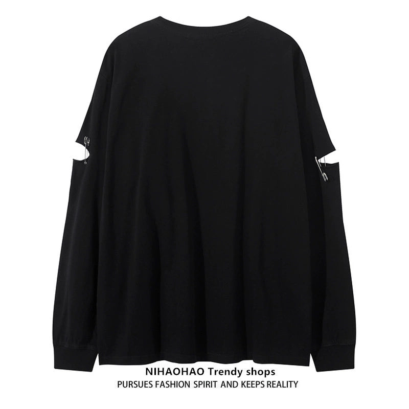 Hole and Needle Design Gradient Long Sleeve T-Shirt WN5457