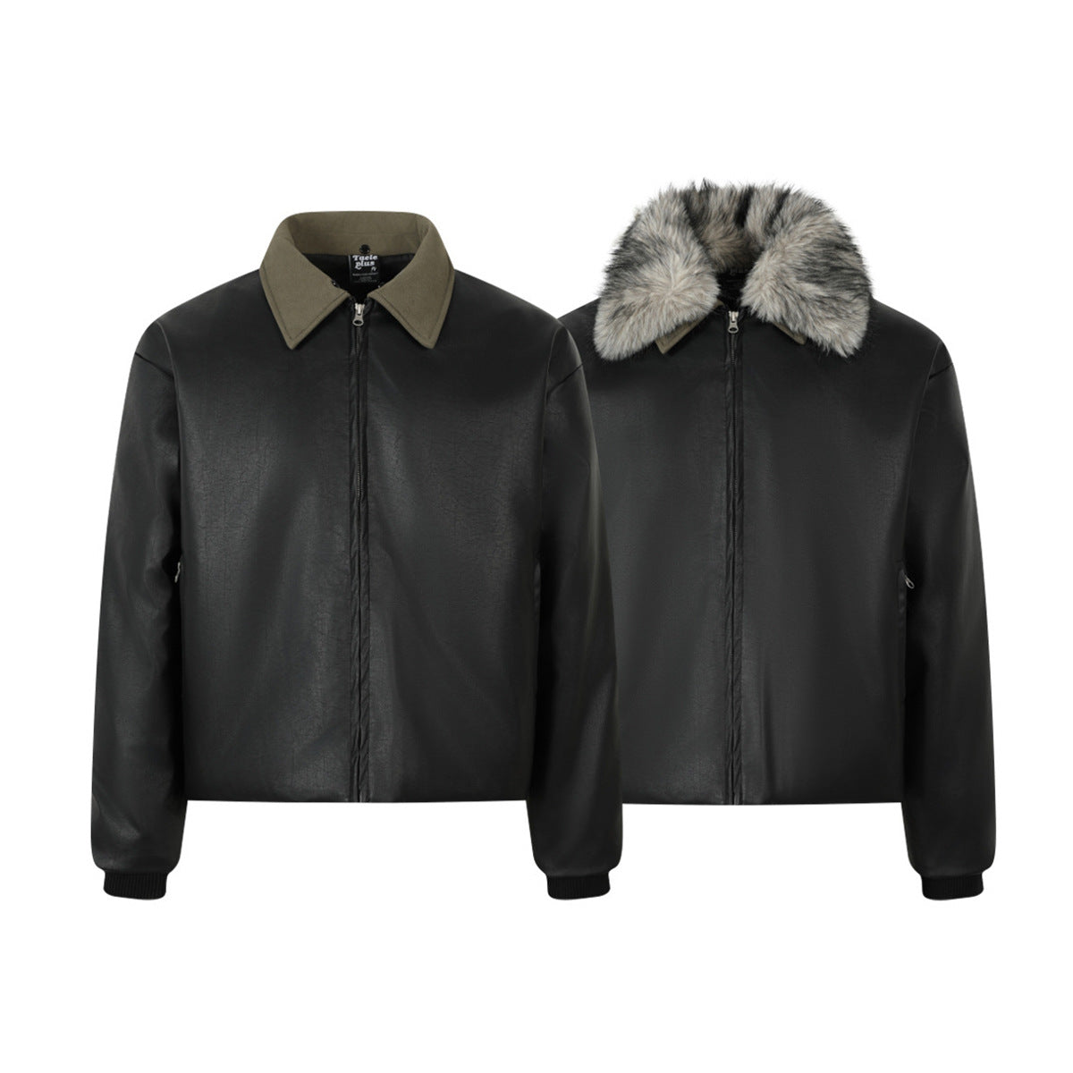 Detachable Fake Fur Collar PU Leather Zipper Jacket WN21921