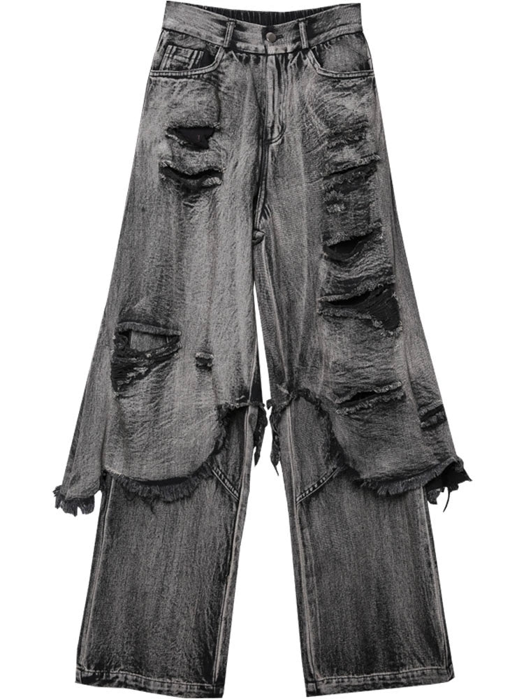 Tactical Fake Layered Damage Fringe Denim Jeans WN22418