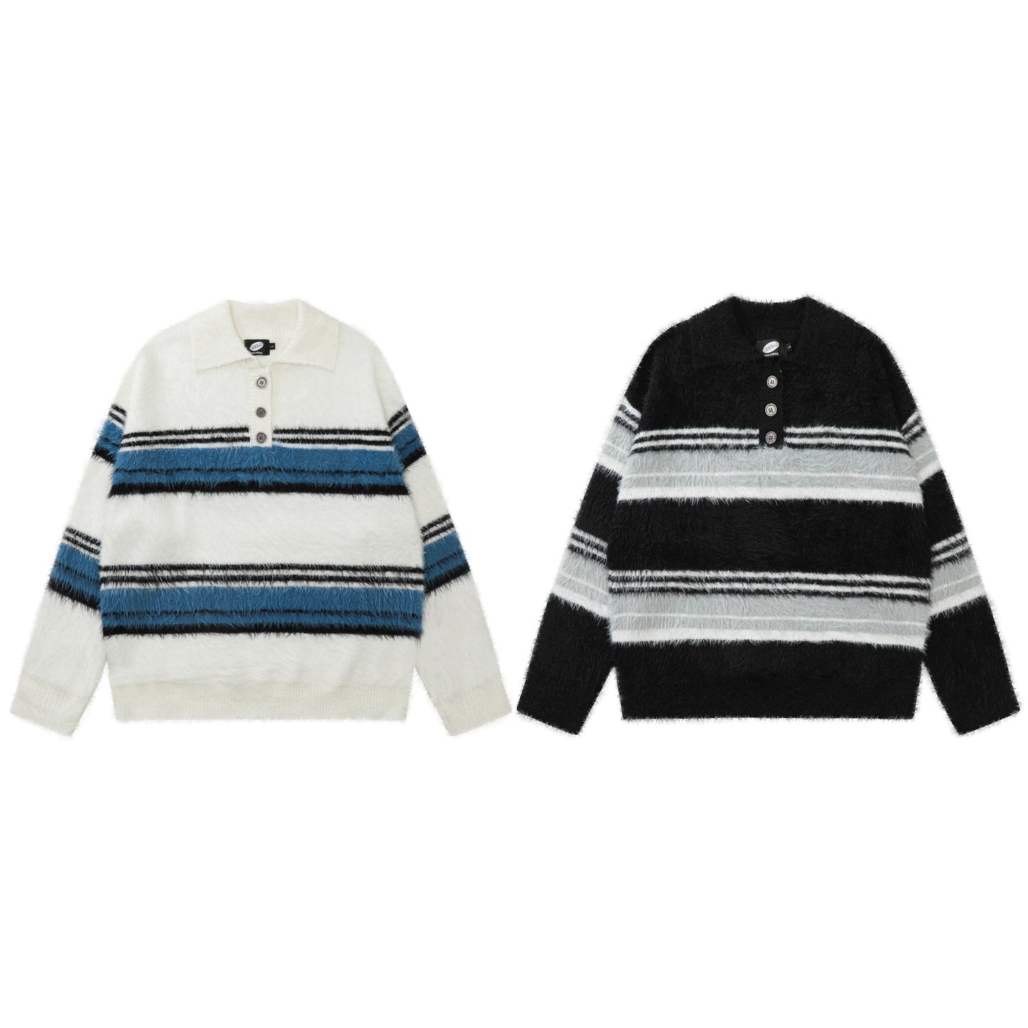 Stripe Polo Collar Mohair Knit Sweater WN11181